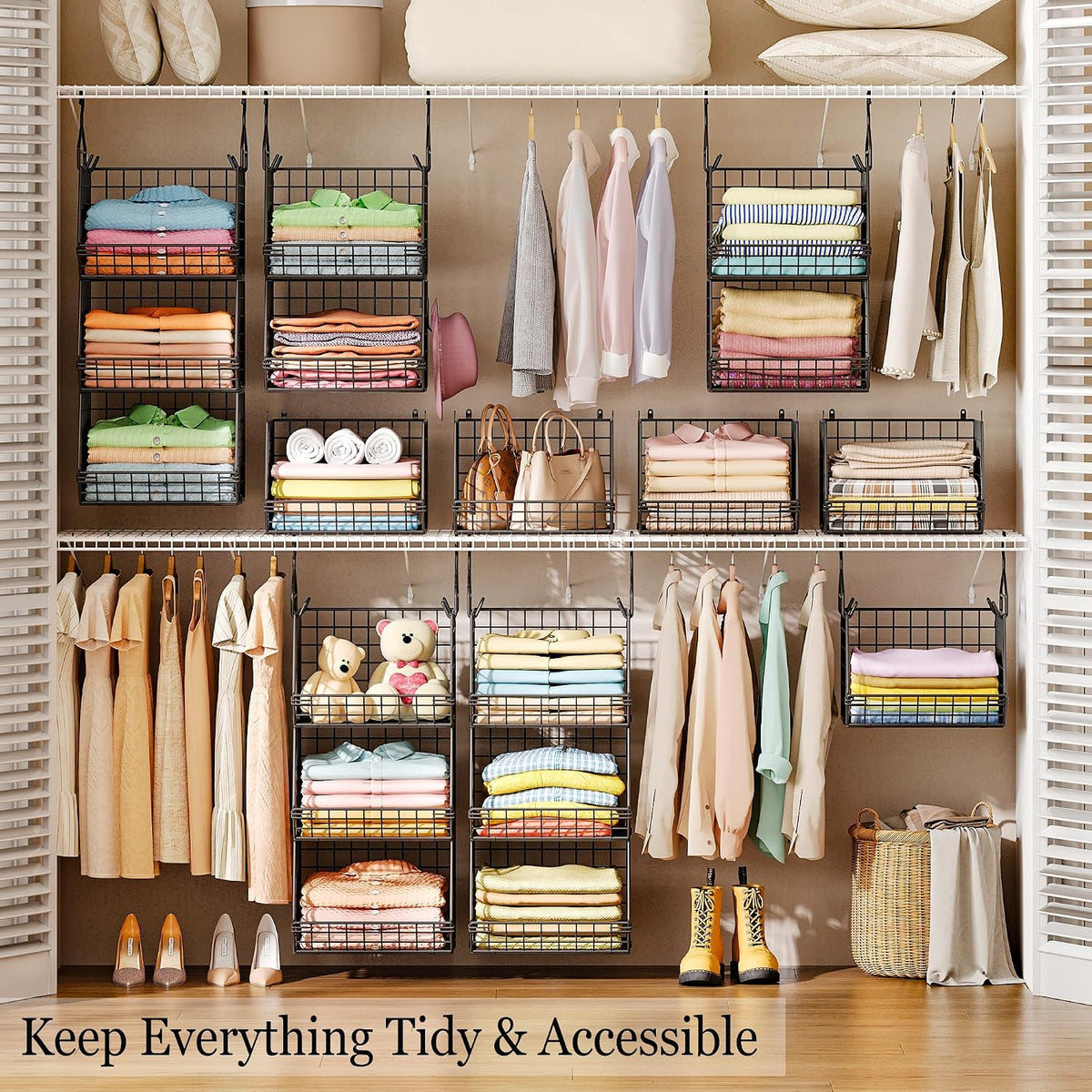 x-cosrack 3-tier hanging closet organizer, laundry room organization shown in use