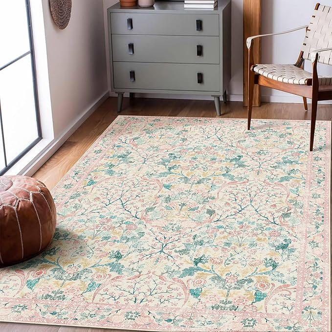 MUJOO 3x5 Pink Rug Washable, Floral Area Rug - Image 4