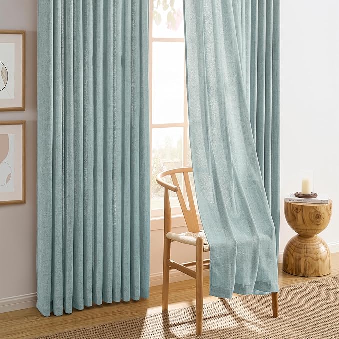 Light Blue Linen Pinch Pleat Curtains 63 Inches Long Pleated Semi Sheer - Image 6