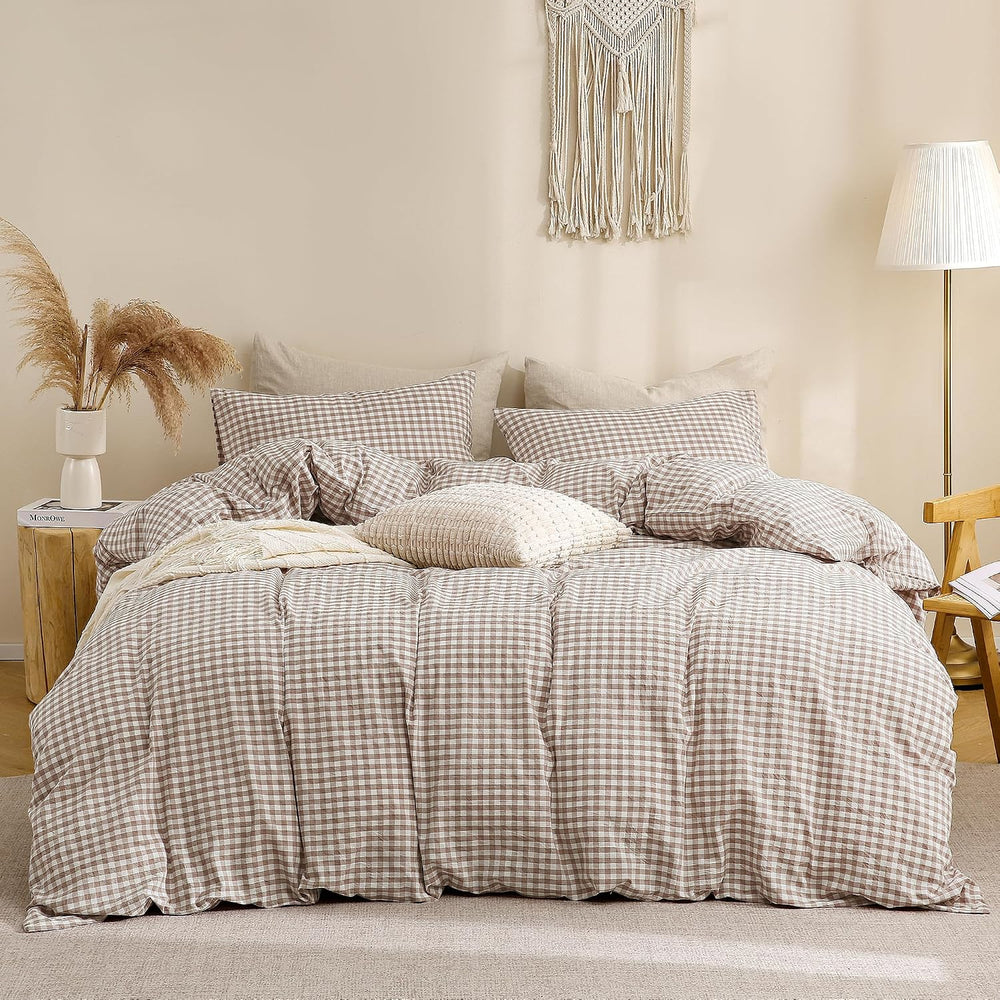 TOCOMOA Tan Gingham Duvet Cover Bedding Set Washed Cotton Like Linen, King