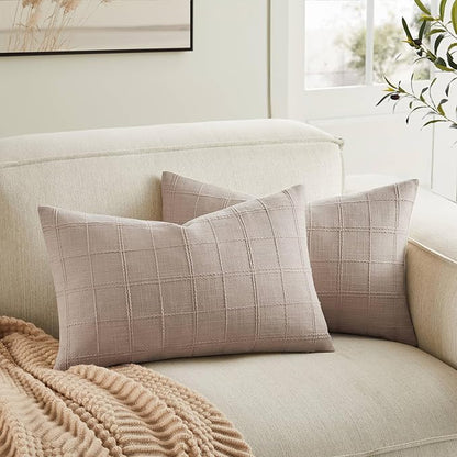 ZeeMart Linen Checked Lumbar Throw Pillow Covers Set of 2, 12x20 Inch by ZEEMARTONLINE