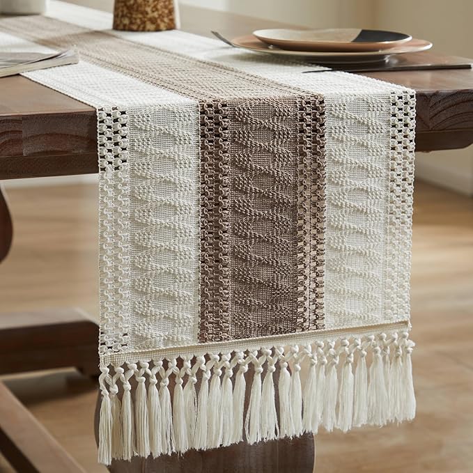 ZeeMart Macrame Style Bicolor Stitching Table Runner, 14 x 108 Inch Cocoa - Image 7