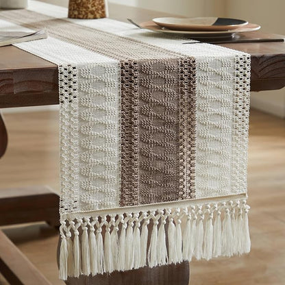 ZeeMart Macrame Style Bicolor Stitching Table Runner, 14 x 108 Inch Cocoa - Image 7