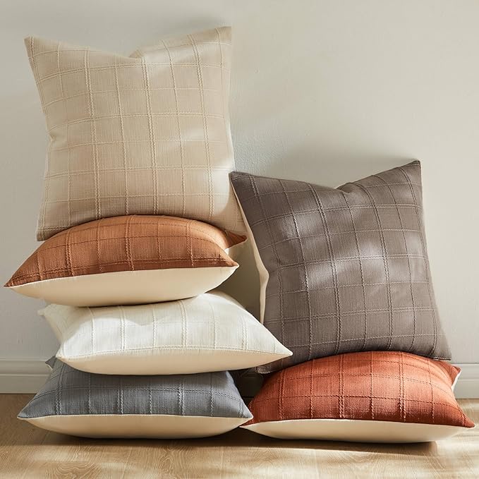 ZeeMart Linen Checked Throw Pillow Covers Set of 2, 24x24 Inch Blue Ashes/Cream - Image 6
