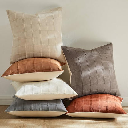 ZeeMart Linen Checked Throw Pillow Covers Set of 2, 24x24 Inch Blue Ashes/Cream - Image 6