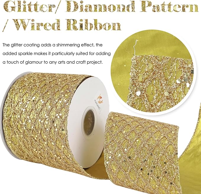 HUIHUANG Gold Glitter Wired Ribbon, 4 inch x 10 Yards, Geometric Pattern - Image 3