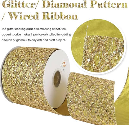 HUIHUANG Gold Glitter Wired Ribbon, 4 inch x 10 Yards, Geometric Pattern - Image 3