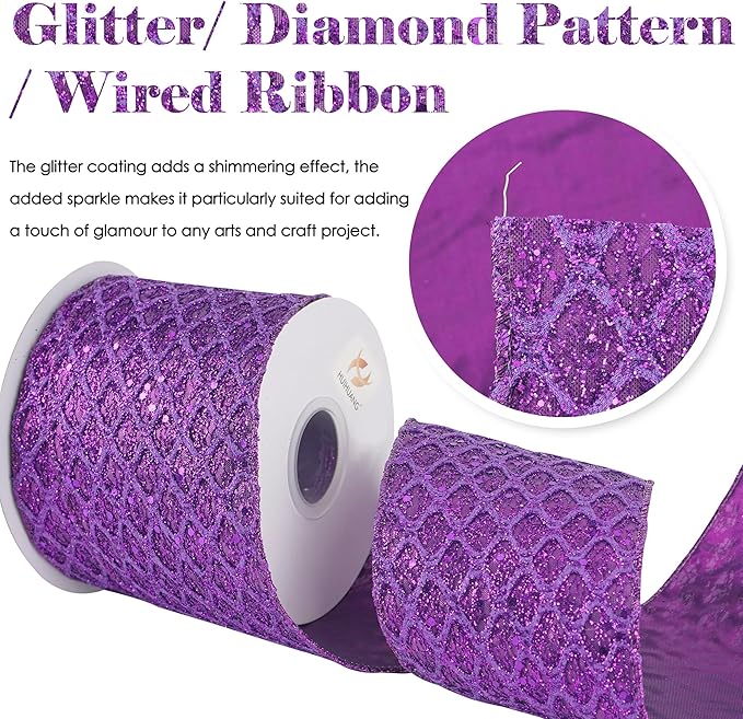 HUIHUANG Purple Wired Christmas Ribbon 4 inch Purple Glitter Wired Ribbon - Image 2