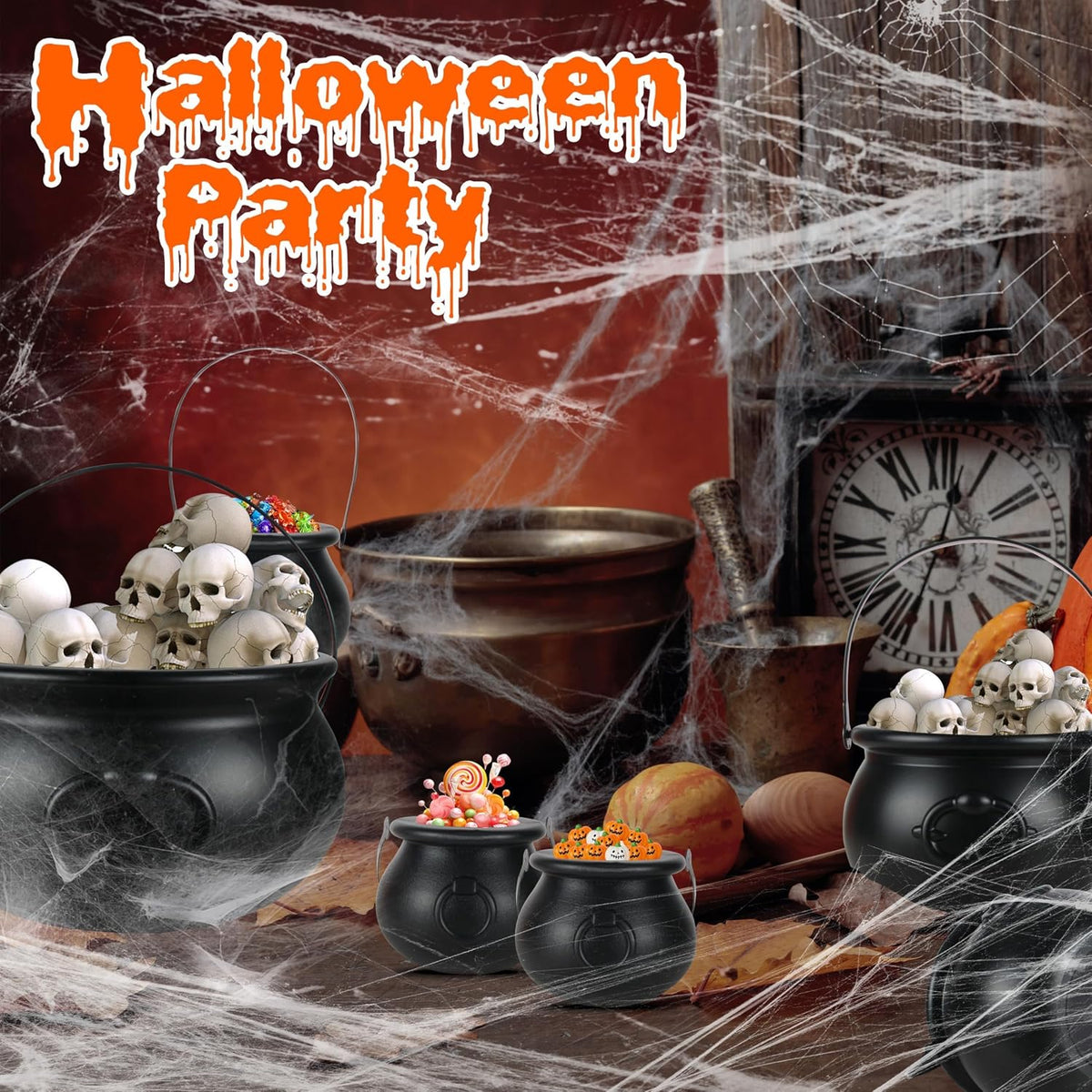 Halloween Large Cauldron Kettles, 4 in 1 [12.6"+7.7" +5.7"+ 5.7 "] Witch Cauldrons, Plastic Black Witch Pot, Treats & Punch Bowl, Candy Holder, Halloween Party Favor for Indoor Outdoor Decoration