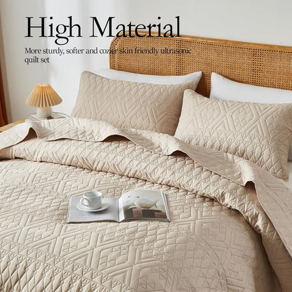 akkialla full/queen size quilt bedding set,beige lightweight microfiber, close-up detail