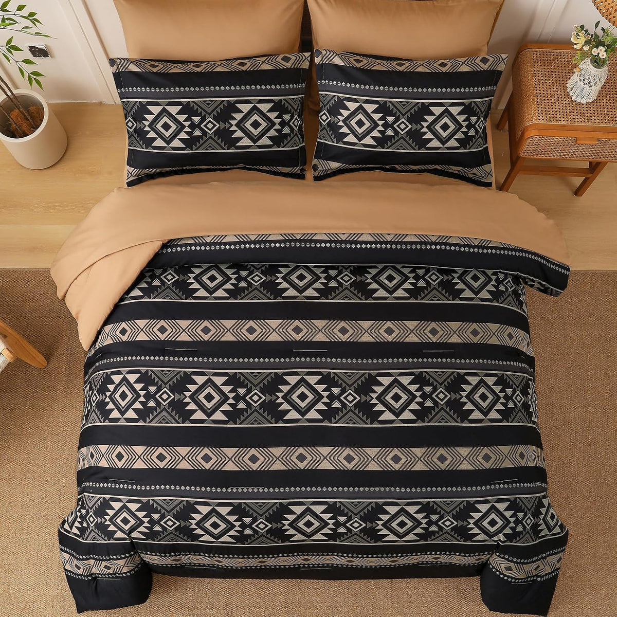 western queen comforter set, 7 pieces black brown, close-up detail