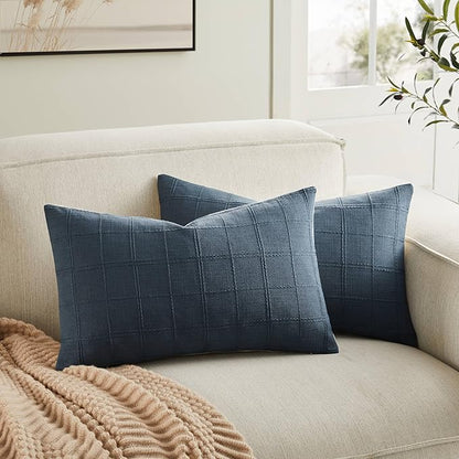 ZeeMart Linen Checked Lumbar Throw Pillow Covers Set of 2, 12x20 Inch Navy/Cream by ZEEMARTONLINE