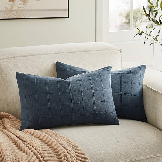 ZeeMart Linen Checked Lumbar Throw Pillow Covers Set of 2, 12x20 Inch Navy/Cream by ZEEMARTONLINE