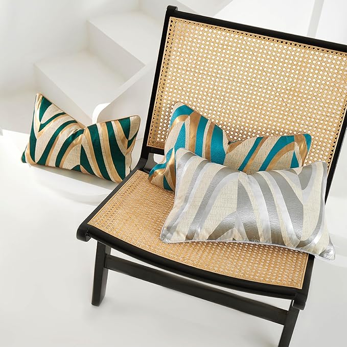 THE-TINOART Turquoise Jacquard V Striped Jacquard Throw Pillow Cover 12x20 Inch - Image 3