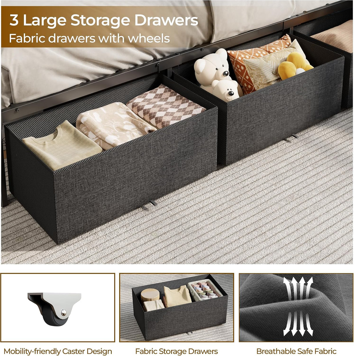 ourpic full corner bed frame with 3 storage, front angle view