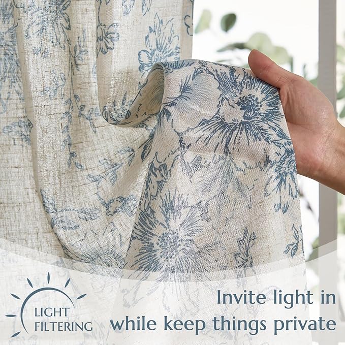 jinchan Linen Floral Tier Curtains 45 Inch Farmhouse Botanic Cafe Curtains - Image 5