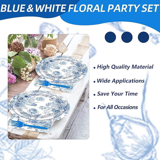 100 Pcs Blue and White Floral Tableware Party Supplies Set, Serves 25 – - Image 5