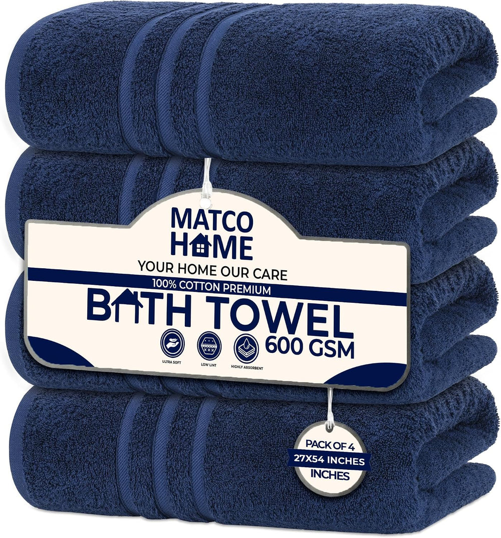 4 Pieces Large Bath Towels Set, 27x54 Inches, Navy Blue