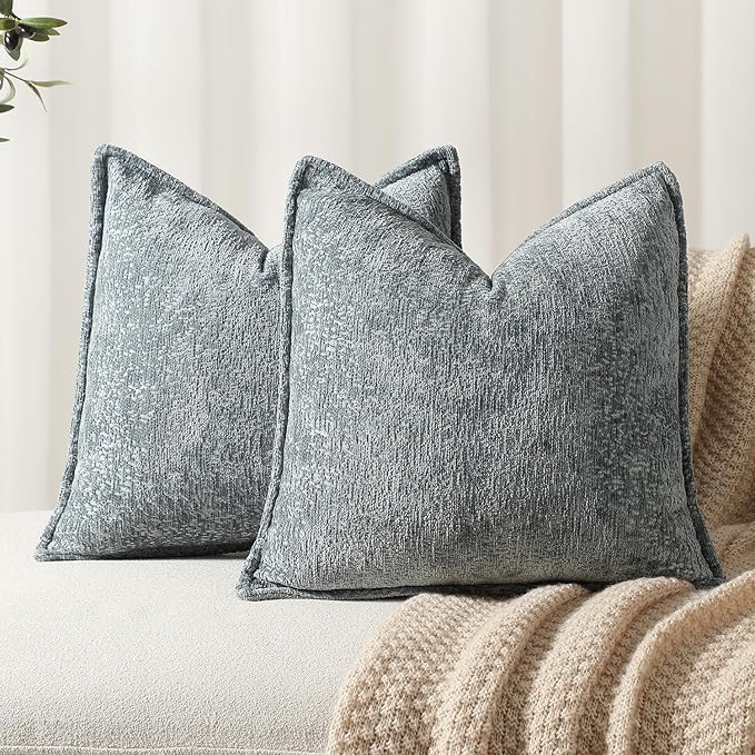 Pack of 2 Dusty Blue Decorative Throw Pillow Covers 16x16 Cozy Soft Chenille by DEZENE