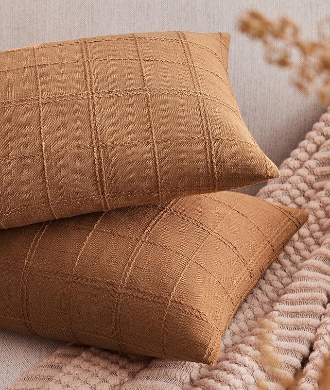 ZeeMart Linen Checked Lumbar Throw Pillow Covers Set of 2, 12x20 Inch Allover by ZEEMARTONLINE