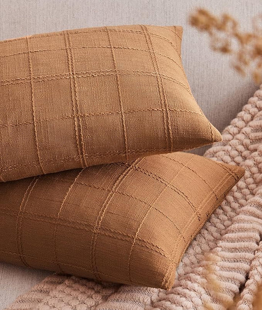 ZeeMart Linen Checked Lumbar Throw Pillow Covers Set of 2, 12x20 Inch Allover by ZEEMARTONLINE