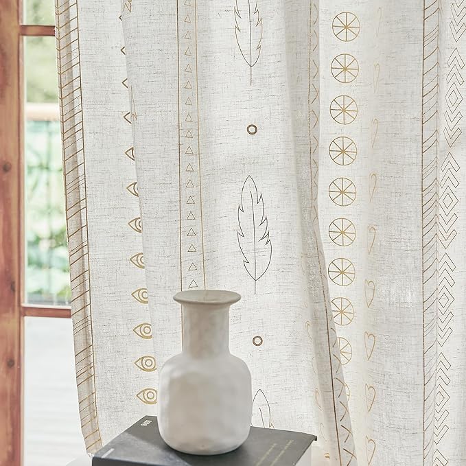 Gold Foil Linen Curtains for Bedroom, 96 Inches Long Moroccan Curtains for by ugoutry