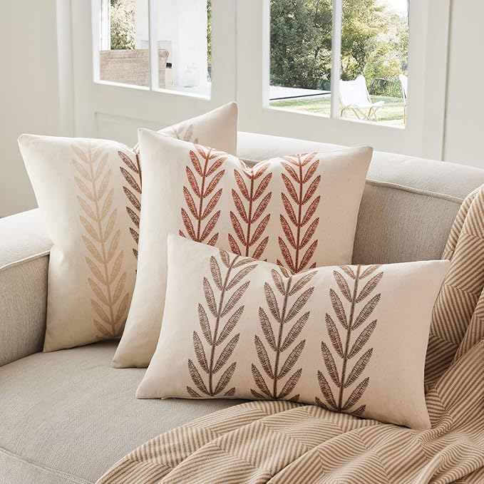 100% Cotton Farmhouse Leaves Throw Pillow Covers Set of 2, 20x20 Inch Caramel - Image 6