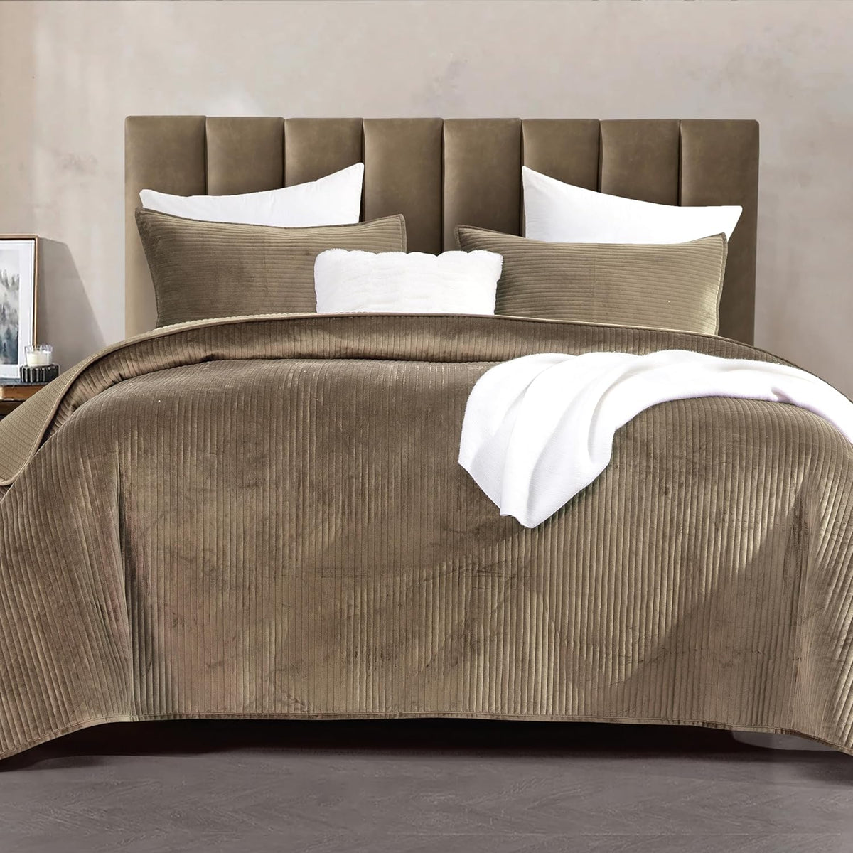 elegant comfort luxury 3-piece velvet corduroy stripe quilt shown in use