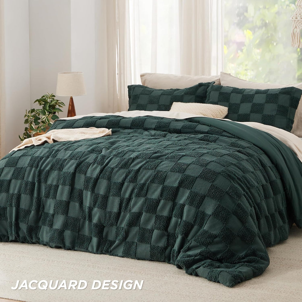 Bedsure Queen Size Comforter Set Emerald, Boho Tufted Bed Set, Checkered Farm...