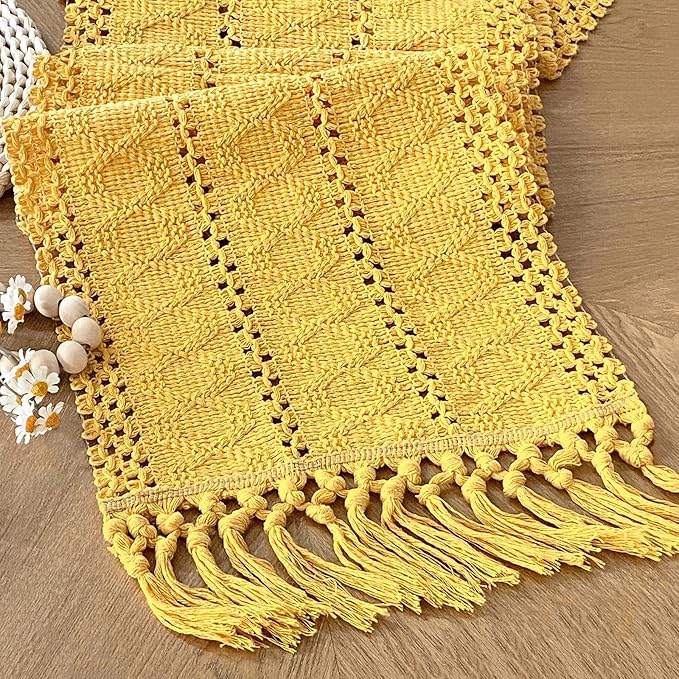 Yellow Table Runner with Tassels 90 Inches Long by FEXIA