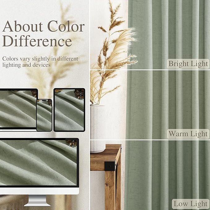 Nanspring Linen Curtains Semi Sheer Desert Sage 96 Inches Long 2 Panels Set - Image 3