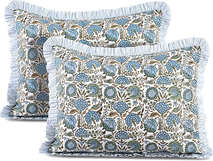 Ridhi Asparagus Green 100% Cotton Block Print Ruffle Sham Cover Handmade Boho by Ridhi