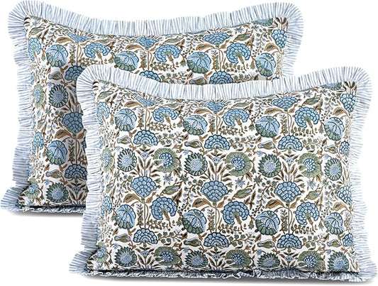 Ridhi Asparagus Green 100% Cotton Block Print Ruffle Sham Cover Handmade Boho by Ridhi