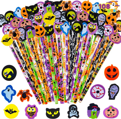 JOYIN 108PCS Halloween Pencils with Erasers Stationery Set, 108 Colorful Pencils in 6 Design, 108 Giant Erasers in 12 Style for Kid Trick or Treat, Halloween Party Favor Supplies, Classroom Prize Gift