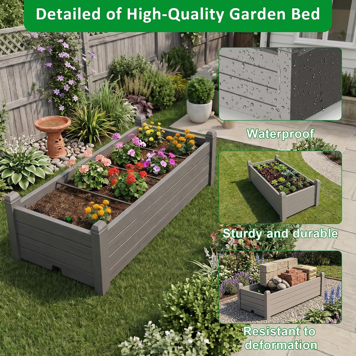 patiozen raised garden bed, self-watering resin planter box showing dimensions