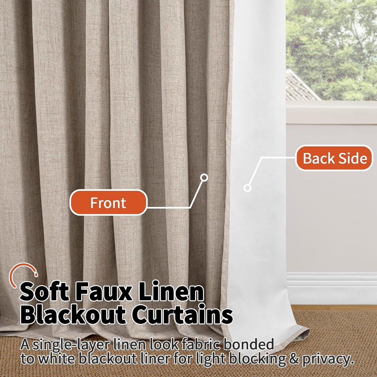 lajode linen blackout curtains 63 inches long, front angle view