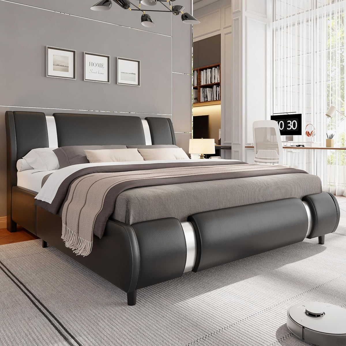 keyluv modern queen size bed frame with mirror showing dimensions