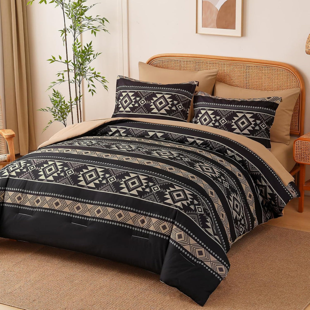 western queen comforter set, 7 pieces black brown shown in use