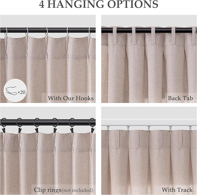 Oatmeal Pinch Pleat Linen Curtains 102 Inch Length 2 Panels Set - Image 2