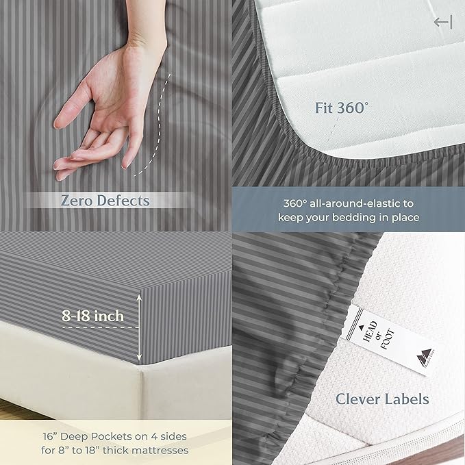 Mayfair Linen 100% Cotton Striped Sheets King Size Bed Set - Image 5