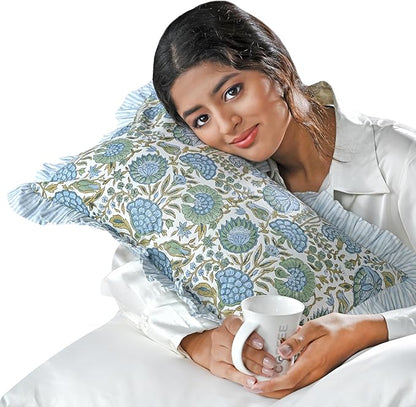 Ridhi Asparagus Green 100% Cotton Block Print Ruffle Lumbar Sham Cover Handmade by Ridhi