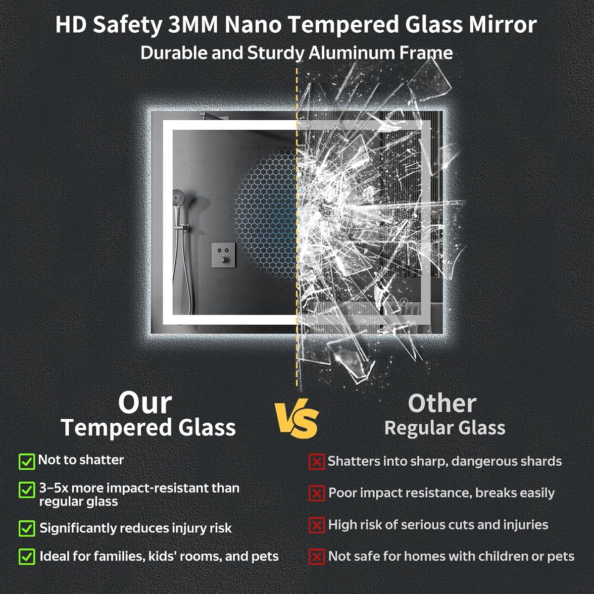 40"x30" led bathroom mirror with lights, backlit+frontlit, anti-fog showing dimensions