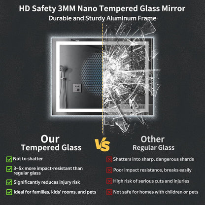 40"x30" led bathroom mirror with lights, backlit+frontlit, anti-fog showing dimensions