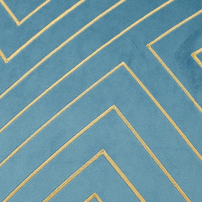Avigers 18 x 18 Inch Grey Blue Gold Striped Geometric Lines Embroidery Velvet - Image 4