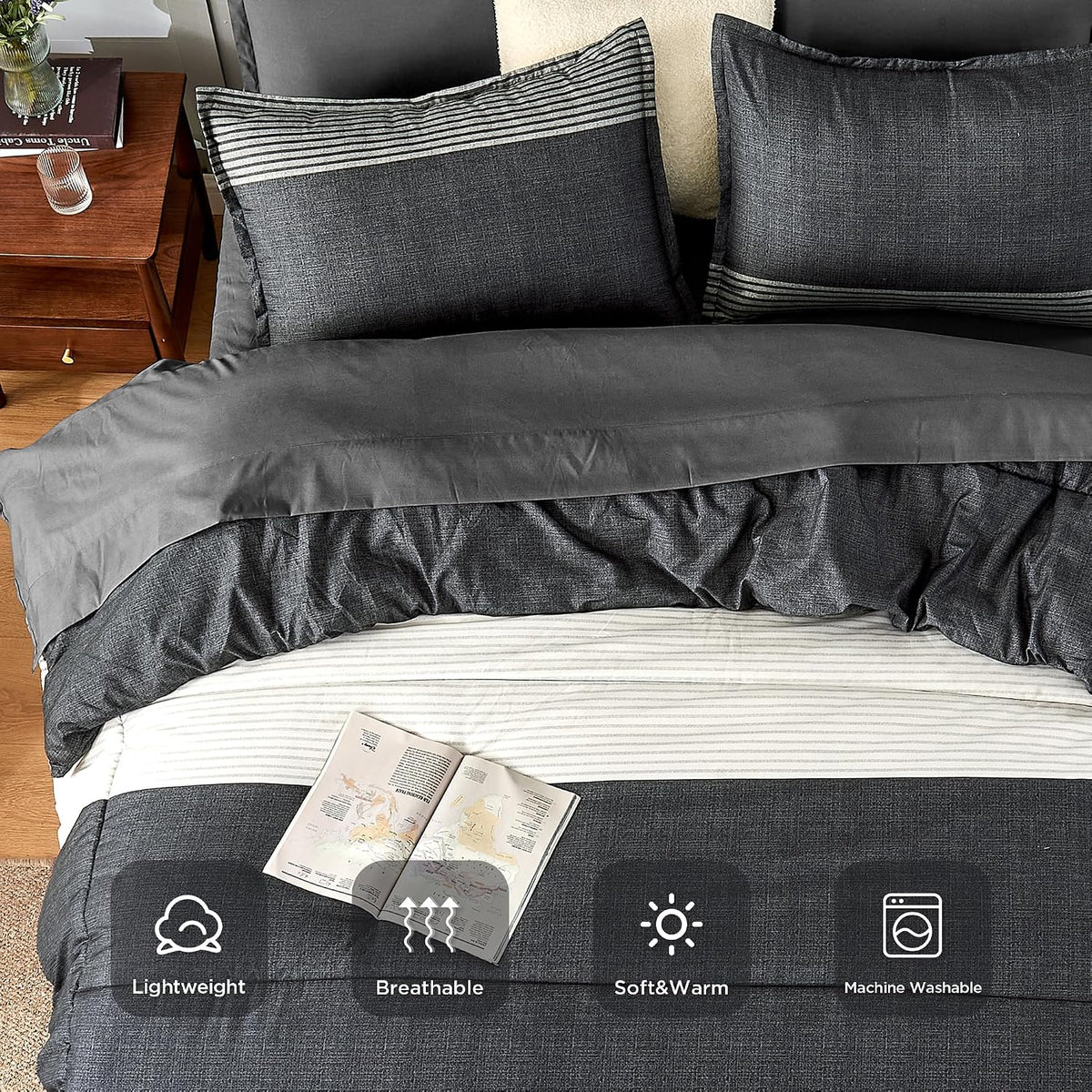 andency full size comforter set, black white grey showing dimensions