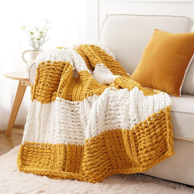 Battilo Mustard Yellow Chunky Knit Throw Blanket, Soft and Thick Chenille Throw - Image 2
