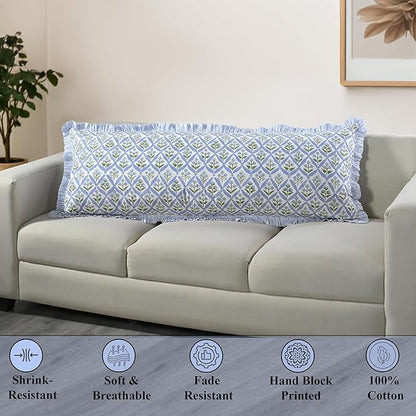 Ridhi Light Steel Blue 100% Cotton Block Print Ruffle Lumbar Sham Cover - Image 5