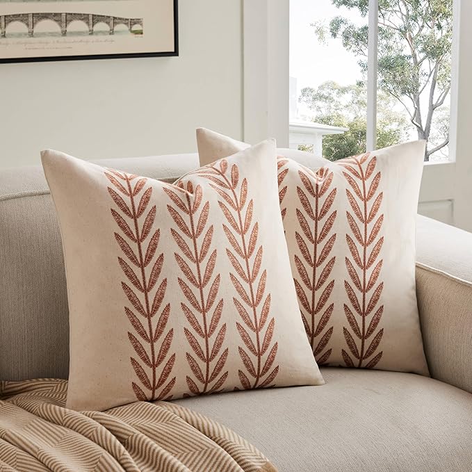 100% Cotton Farmhouse Leaves Throw Pillow Covers Set of 2, 24x24 Inch Terracota by Unknown