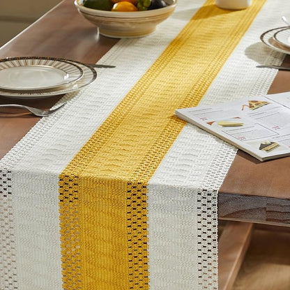 ZeeMart Macrame Style Bicolor Stitching Table Runner, 14 x 108 Inch - Image 5