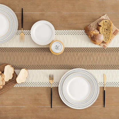 ZeeMart Macrame Style Bicolor Stitching Table Runner, 14 x 36 Inch Brown/Ivory - Image 4